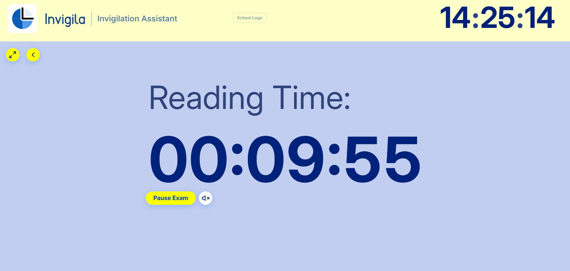 Custom examination format showing a large reading-time display and branded header.