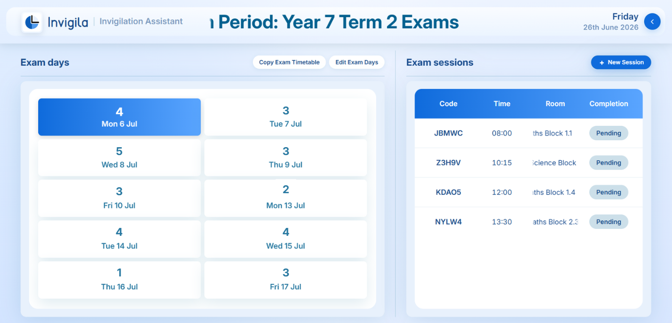 Exam Days view with sessions organised by day within a period.