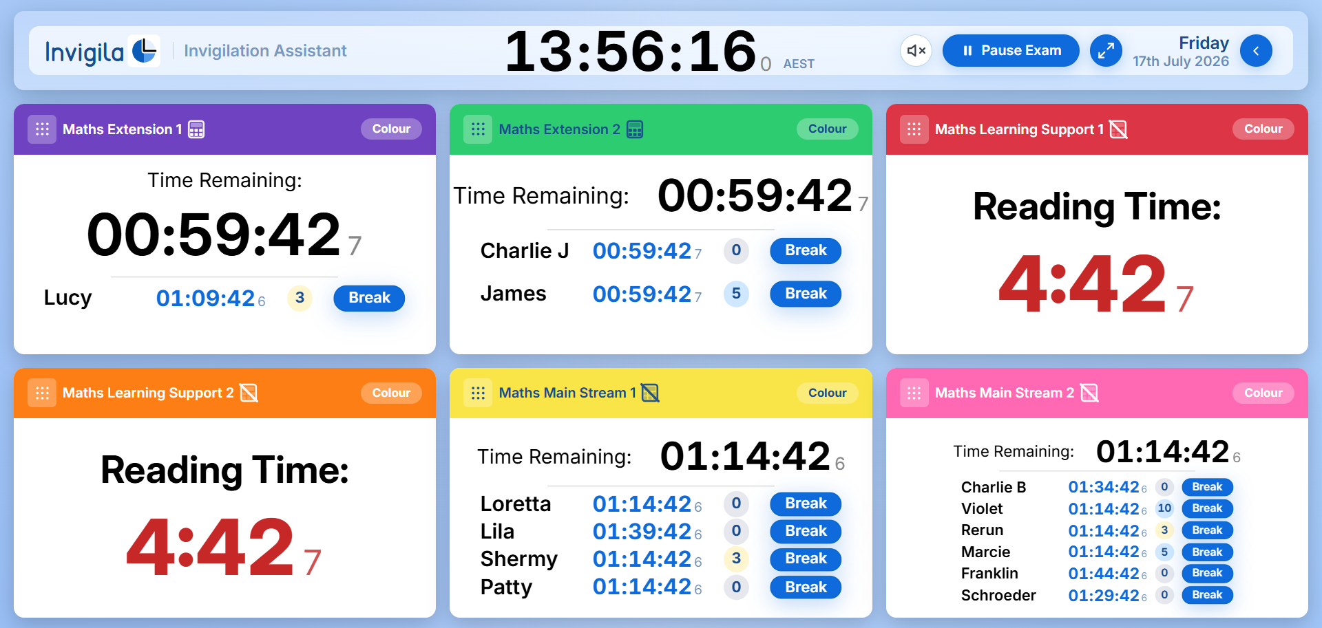 Live Invigilation page showing multiple paper and provision-student timers.