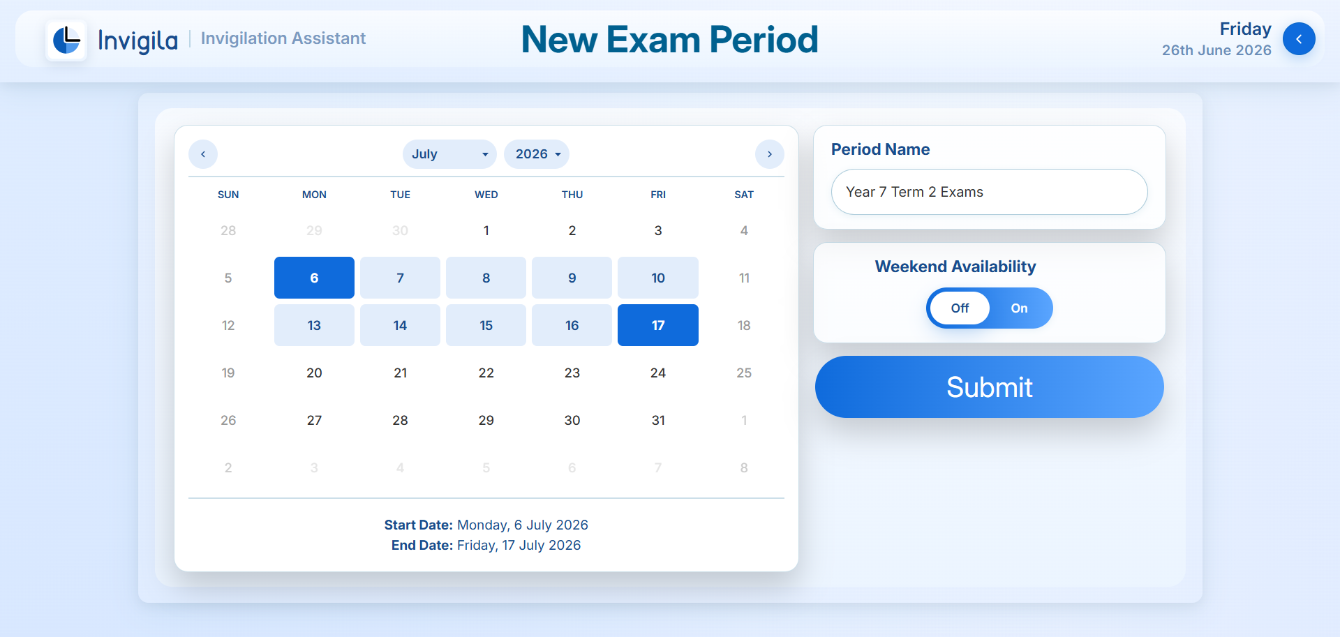 Exam Periods screen showing period overview and final exam block generation.