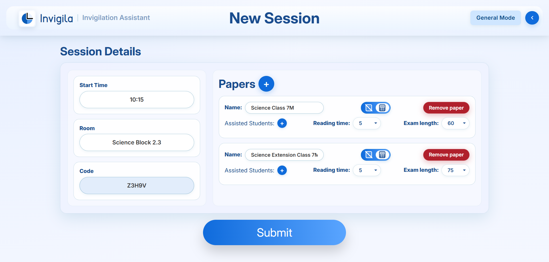 New Session screen for scheduling papers, rooms, and entry codes.