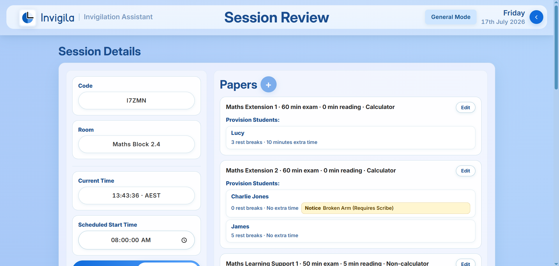 Session Review page showing paper details, timings and provision students.